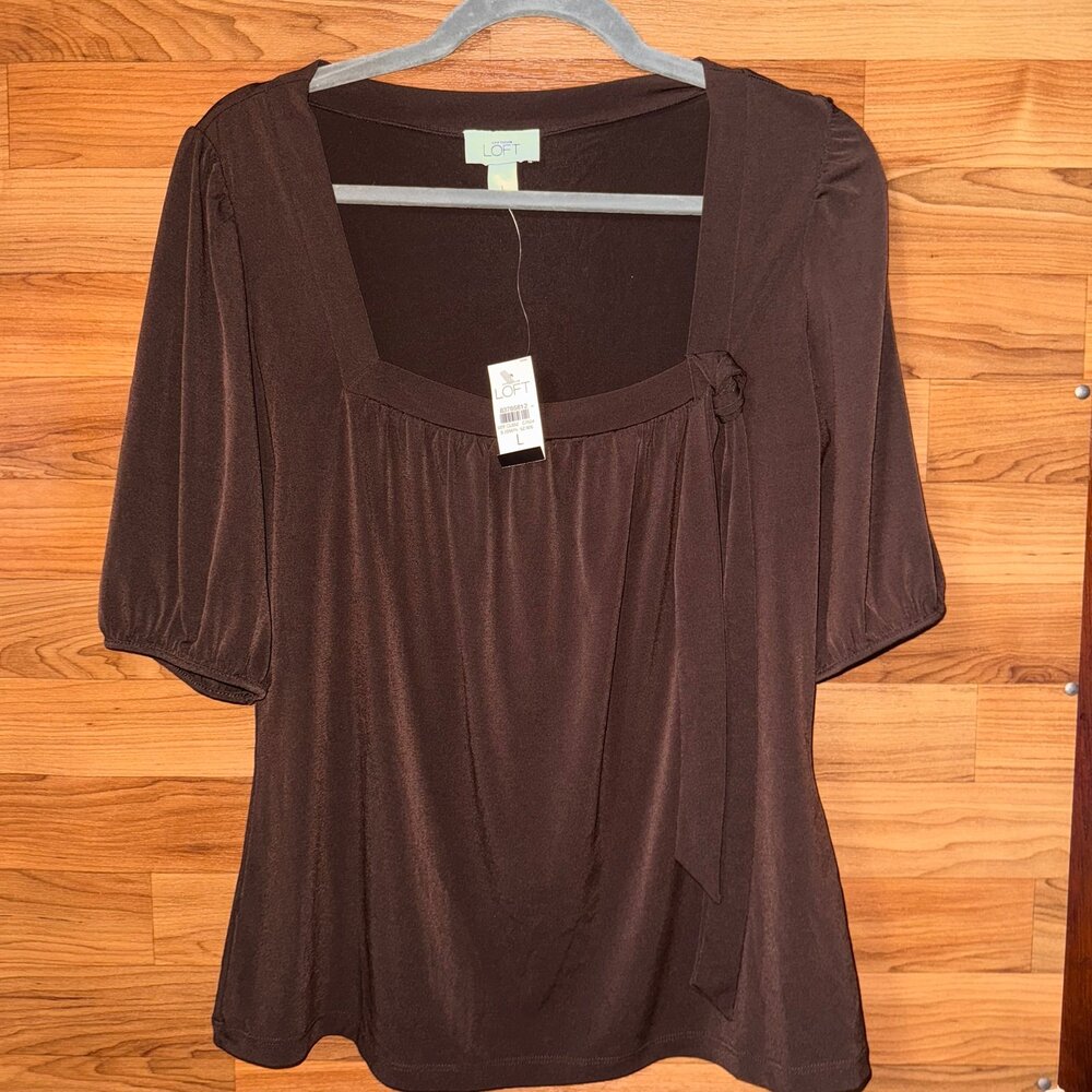 Ann Taylor LOFT Women’s Blouse Top Brown Short Sleeve Tie Front Size L NWT